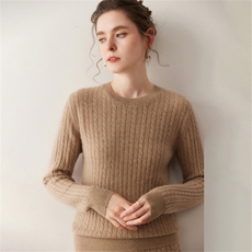 2025年秋季常规款长袖落肩袖套头圆领扭花小麻花，女装针织衫/毛衣，溪贝羊绒