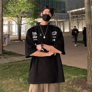 美式重磅短袖t恤男生夏季潮牌印花字母赛车服宽松圆领中袖上衣服图片