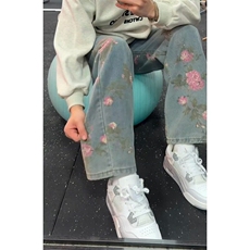 cleanfit玫瑰满印牛仔裤男春夏季阔腿裤子美式显瘦直筒休闲工装裤，男装牛仔裤，星座1116A（原606A-3）