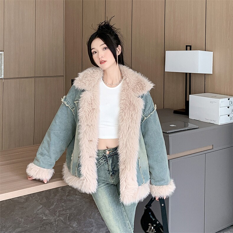 羊羔毛牛仔拼接毛毛外套女冬宽松加绒加厚复古夹棉棉服C613-P130,男装棉衣,星座911-2(原星座613-2）