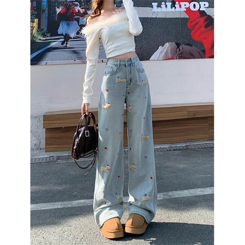 AK2441-P60美式复古卡通腊肠狗刺绣牛仔裤女春季新款浅色宽松，女装休闲裤，星座617A-2