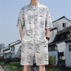 2025夏季新款男装风冰丝印花盘扣唐装套装短袖+短裤A108-P80，男装牛仔裤，电商B277(原6028)