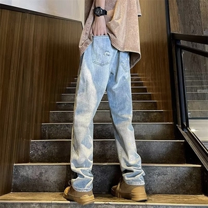街头复古水洗做旧扎染破洞牛仔裤男士韩版宽松直筒bf休闲拖地长裤图片