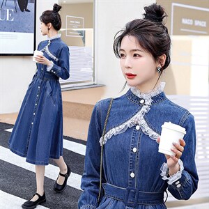 时尚显瘦牛仔连衣裙女长袖修身气质淑女风裙子图片