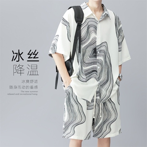 特批P35无差价夏季潮流冰丝凉感新中式短袖短裤男两件套装TZ068图片