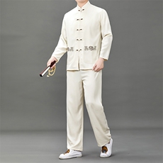 中老年唐装爸爸春装长袖风棉麻套装爷爷老人复古绣花太极服，男装休闲套装，钱塘6003B