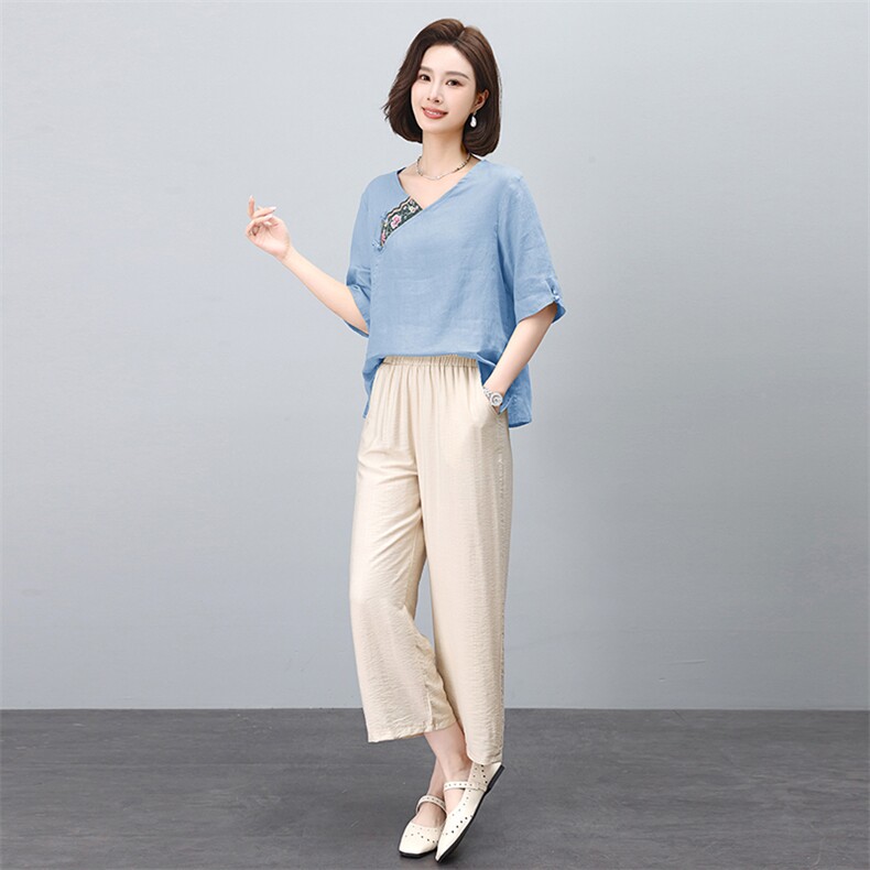 高端时尚棉麻阔腿裤套装女2024夏季新款复古刺绣民族风亚麻两件套,女装套装/套裙,凝聚力