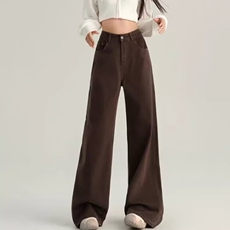秋冬美拉德咖色阔腿牛仔裤女美式复古棕色裤子宽松直筒拖地裤加绒，男装牛仔裤，星座218-8