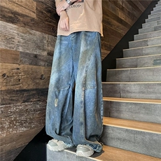 反穿大阔腿牛仔裤男士韩版潮流高街帅2024夏季ins长裤RK1747-P65，男装牛仔裤，星座412-2