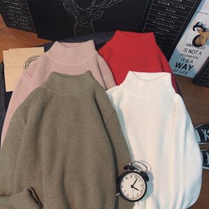 港风平铺纯色针织衫男女 半高领简约打底衫套头毛衣M112图片