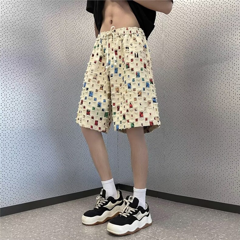 夏季新款韩版男士休闲中裤五分裤时尚潮流破洞补丁设计短裤沙滩裤,男装休闲裤,四季星座218-1