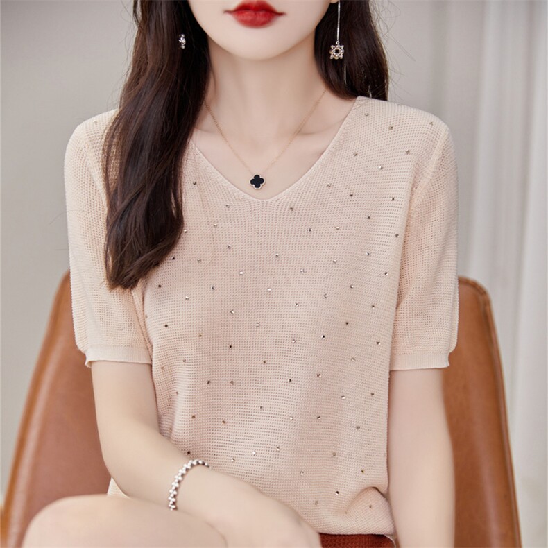 夏装短袖T恤韩系水钻别致上衣V领冰丝针织女薄款半袖短款洋气小衫,针织衫/毛衣,暖姿羊绒