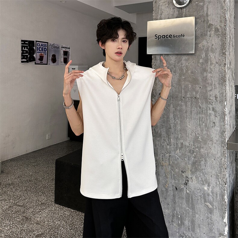 垫肩连帽拉链设计高街纯色百搭休闲潮男背心A071-806-P40,男装背心/马甲,电商A071