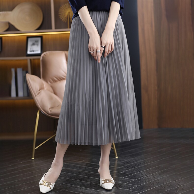 百褶半身裙女高腰显瘦遮胯大摆裙气质百搭中长款伞裙A字网纱裙夏，女装半身裙，臻维羊绒