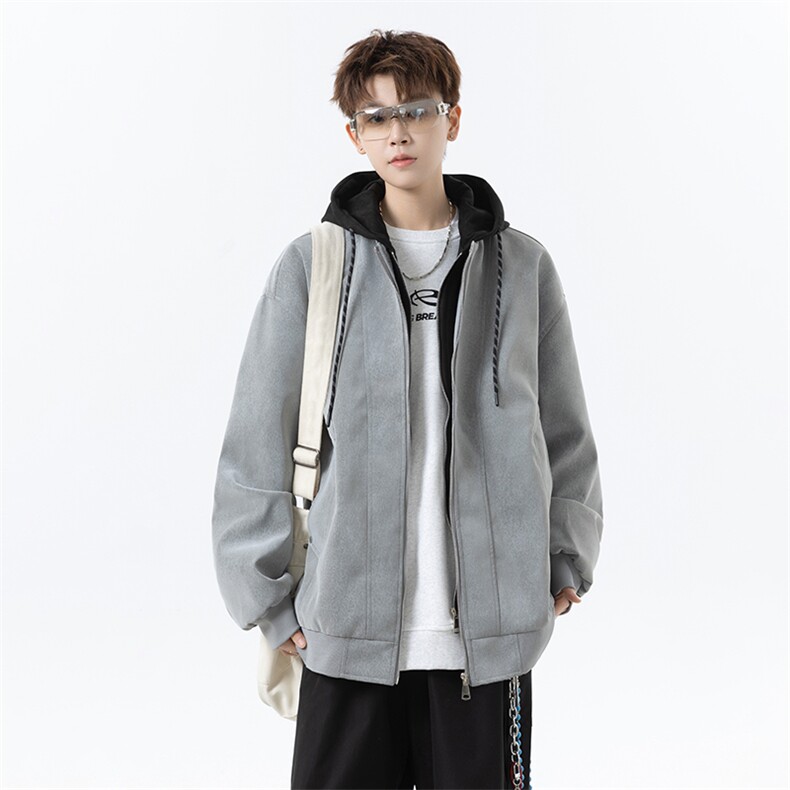 秋季新款连帽假两件皮衣大码夹克翻领宽松外套A436-2531-P80,男装夹克,电商A436
