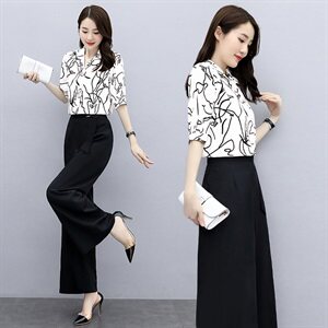 套装女2023年夏装新款女装时尚休闲气质印花上衣阔腿裤套装两件套图片