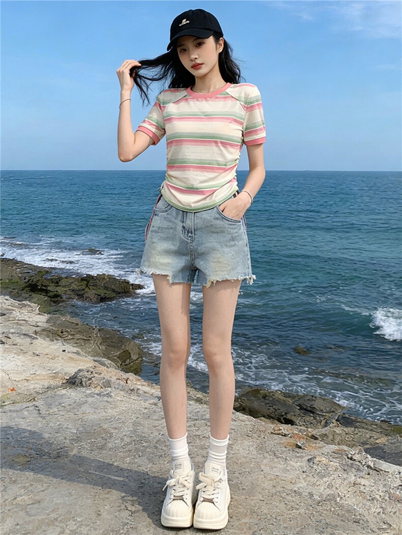 女夏季新款韩版运动休闲套装修身显瘦圆领条纹短袖牛仔短裤两件套,女装套装/套裙,江南