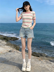 女夏季新款韩版运动休闲套装修身显瘦圆领条纹短袖牛仔短裤两件套图片