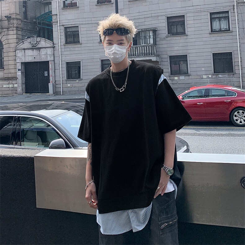 C326-P412024夏季新款假两件短袖T恤男设计感潮牌宽松上衣现货,男装T恤,星座512-6