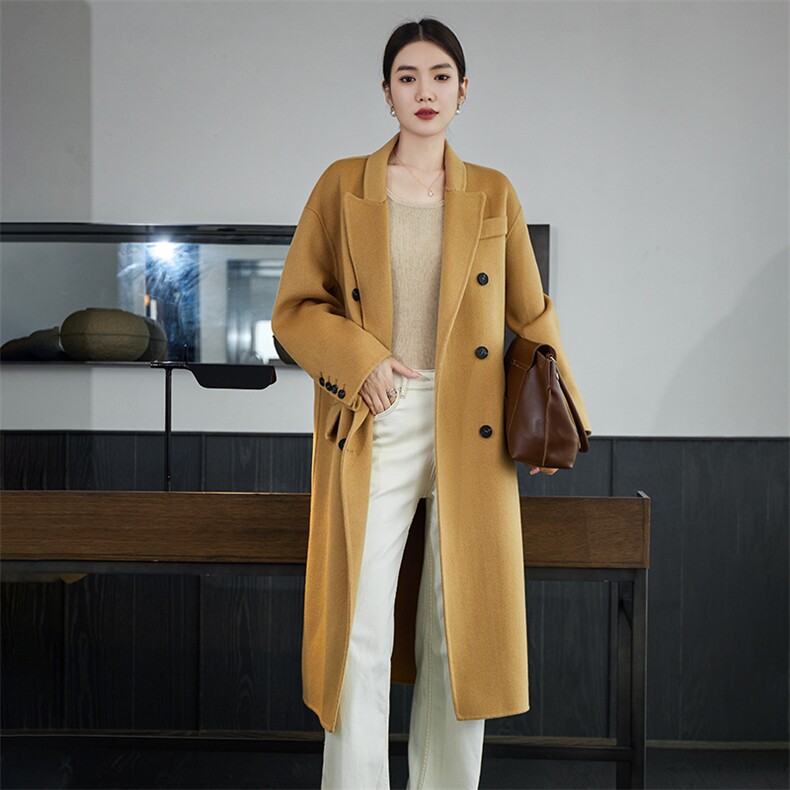 时尚百搭羊毛女士双面呢大衣优雅显瘦长款外套单品，女装双面呢大衣，岳达羊绒