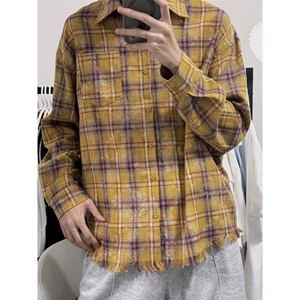 网络图现货美式黄色格子磨破宽松型长袖情侣衬衫RHT96-P55图片
