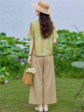现货2026年夏季新款中式时尚两件套装女小衬衫T恤加天丝麻阔腿裤，女装套装/套裙，璐依舞