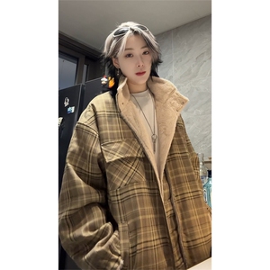 冬季加厚保暖棉服格子棉衣美式情侣两面穿羊羔毛外套男MY56-P135图片