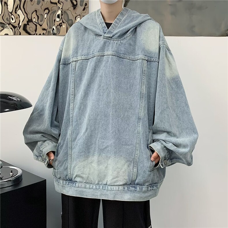 复古拼接水洗做旧牛仔连帽卫衣男女情侣潮牛仔卫衣8605P60，男装卫衣，星座410-2