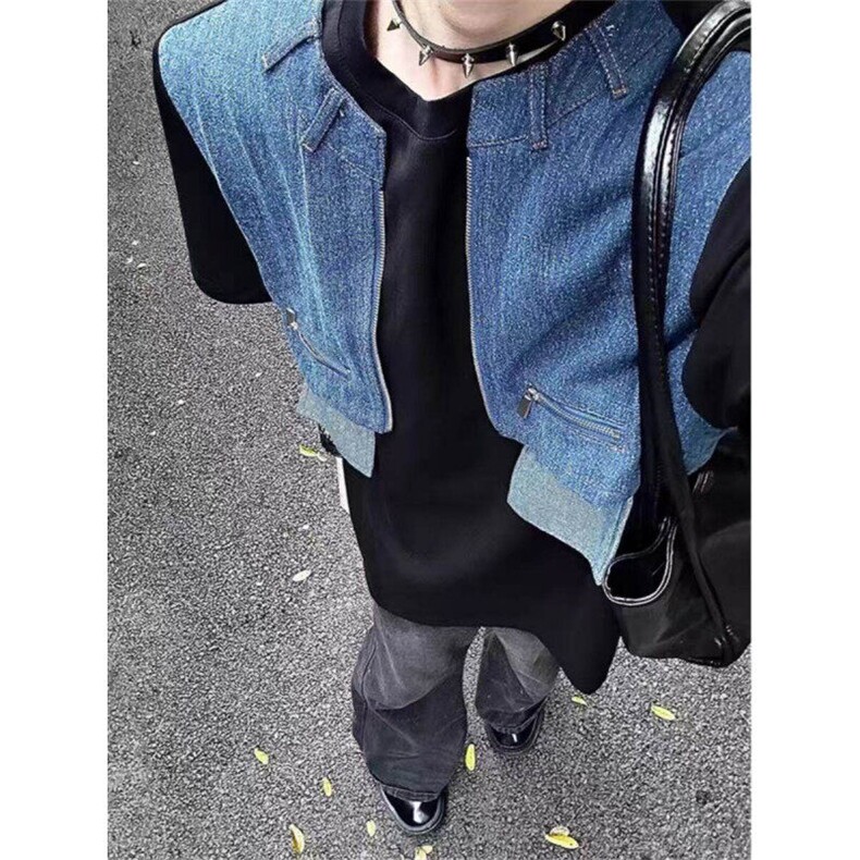 假两件 原版做工牛仔真口袋拼接短袖T恤男 ZX477特批37图片