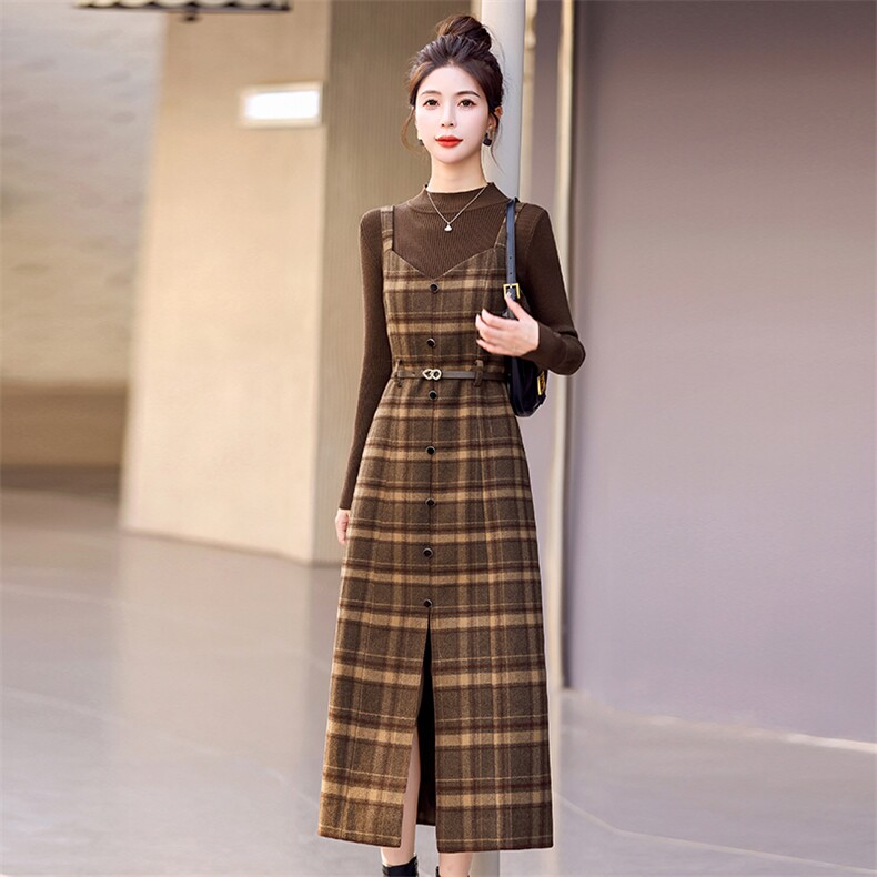 毛呢背带连衣裙女两件套女2025春秋新款气质修身显瘦加厚打底长裙,女装套装/套裙,蓝诺裳