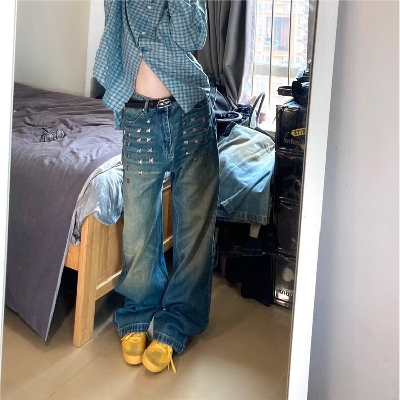 美式复古重工铆钉水洗牛仔男女秋冬宽松阔腿拖地裤NC654-P58,男装休闲裤,星座208-5