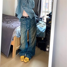 美式复古重工铆钉水洗牛仔男女秋冬宽松阔腿拖地裤NC654-P58，男装休闲裤，星座208-5