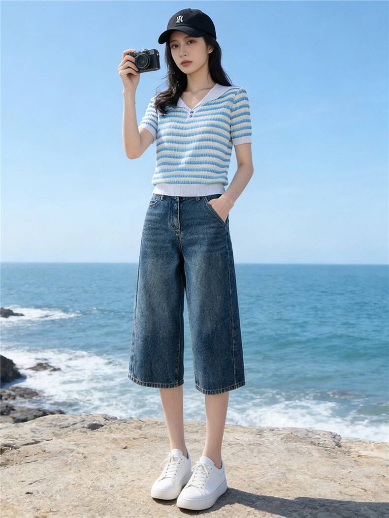 时尚简约套装女夏季新款洋气减龄蓝色翻领条纹上衣牛仔中裤两件套,女装套装/套裙,江南