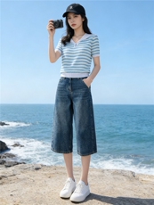 时尚简约套装女夏季新款洋气减龄蓝色翻领条纹上衣牛仔中裤两件套，女装套装/套裙，江南