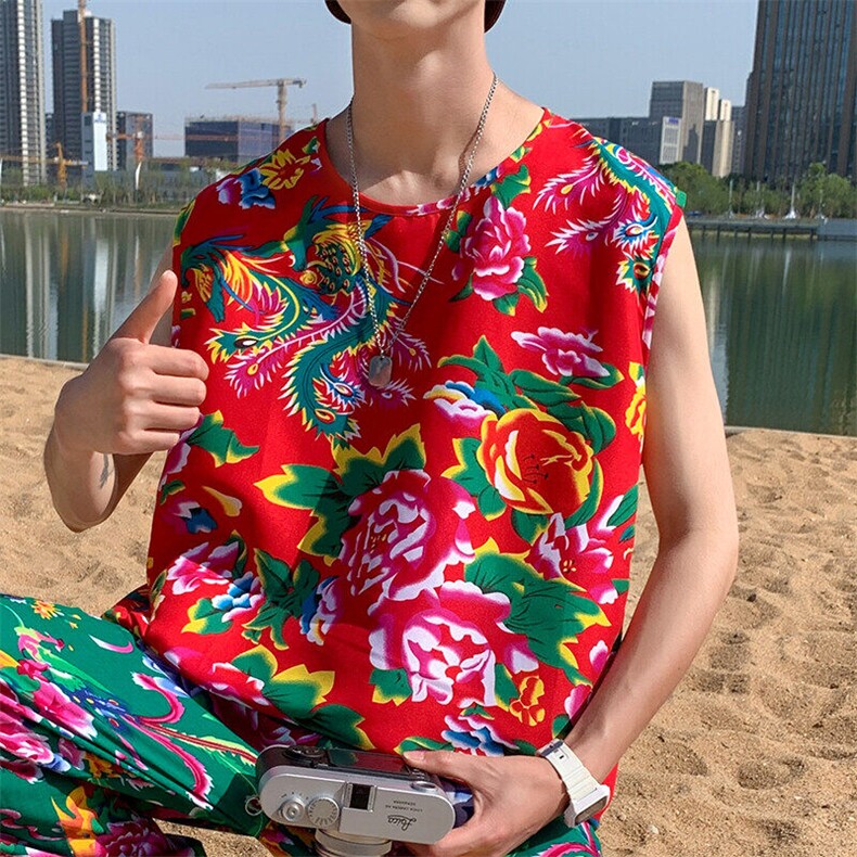 夏大码东北大花布男背心坎肩运动马甲男装风民族牡丹花MJ01，男装背心/马甲，星座115A(原星座507）