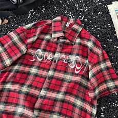 ins潮流简约无品牌百搭美式复古红色格子衬衫男女同款时尚新款，男装衬衫，星座601-1