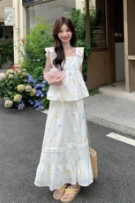 千金风刺绣无袖衬衫半身裙套装女夏高级感两件套巨好看超火温柔风，女装套装/套裙，2C052