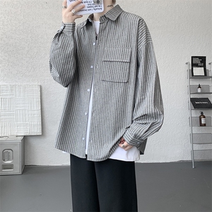 衬衫男秋季新款港风宽松大码立体口袋纯棉条纹长袖衬衣CS3099-P42图片