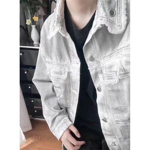 脏染做旧牛仔夹克男春秋季潮牌嘻哈宽松休闲情侣翻领外套 J30图片