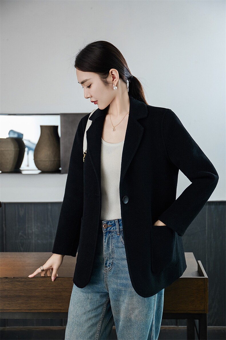 时尚百搭羊毛女士双面呢外套显瘦修身秋冬季新款大衣,女装双面呢大衣,岳达羊绒