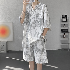 扎染脏脏休闲运动套装男生夏季时尚潮流v领短袖t恤短裤两件套穿搭，男装休闲套装，电商A001