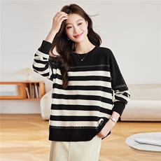 2025秋冬新款100%羊毛条纹拼色针织衫女宽松圆领套头毛衣慵懒风，女装羊毛衫，艾米