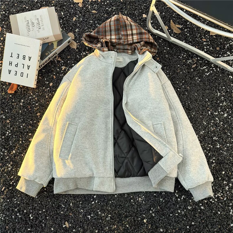 2025棉衣毛呢夹棉棉衣可拆卸帽棒球服外套男女百搭休闲拉链卫衣,男装棉衣,星座601-1