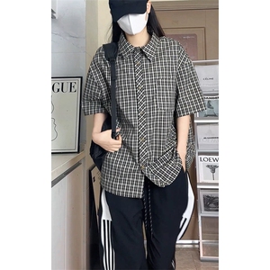 复古格子短袖衬衫男宽松高级感学院风情侣衬衣DC2228-特价P29图片