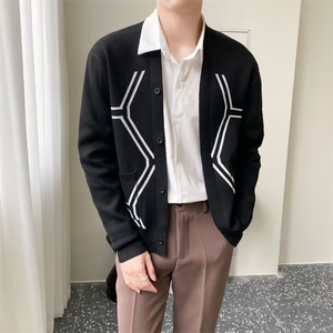 轻熟时尚商务休闲V领开衫男针织衫提花编织黑色毛衣外套男款MG02