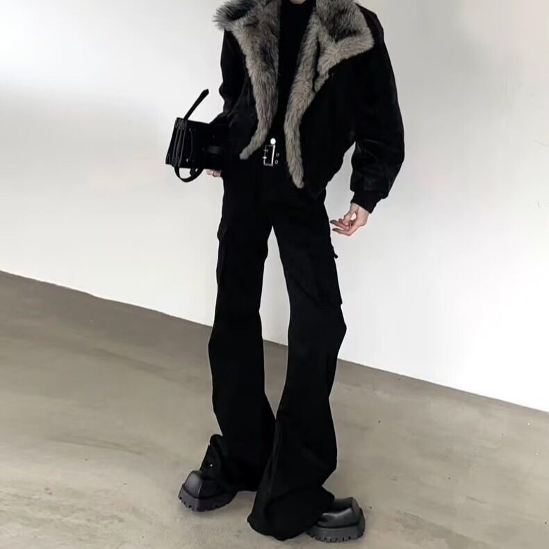 潮流工装复古绑带设计微喇叭机能美式黑色牛仔裤男女高街裤子,男装牛仔裤,星座1210-1
