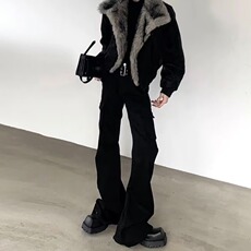 潮流工装复古绑带设计微喇叭机能美式黑色牛仔裤男女高街裤子，男装牛仔裤，星座1210-1