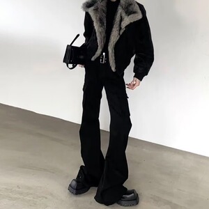 潮流工装复古绑带设计微喇叭机能美式黑色牛仔裤男女高街裤子图片