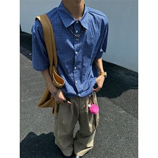【自拍图】XZ1005-1-TTH113-P48皇家蓝短袖衬衫抽绳格子衬衣外套，男装T恤，星座1005-1