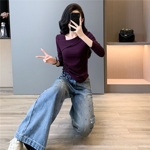 慵懒风时尚休闲运动套装女春新款斜肩领口长袖上衣牛仔长裤两件套图片